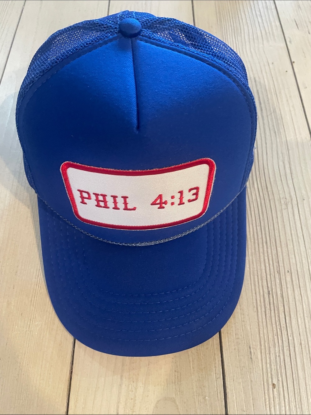 Blue Trucker Hat with PHIL 4:13 Patch